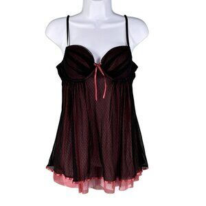 Ambrielle Womens M Black Pink Babydoll Satin Mesh Cami Whimsigoth Vampy Coquette